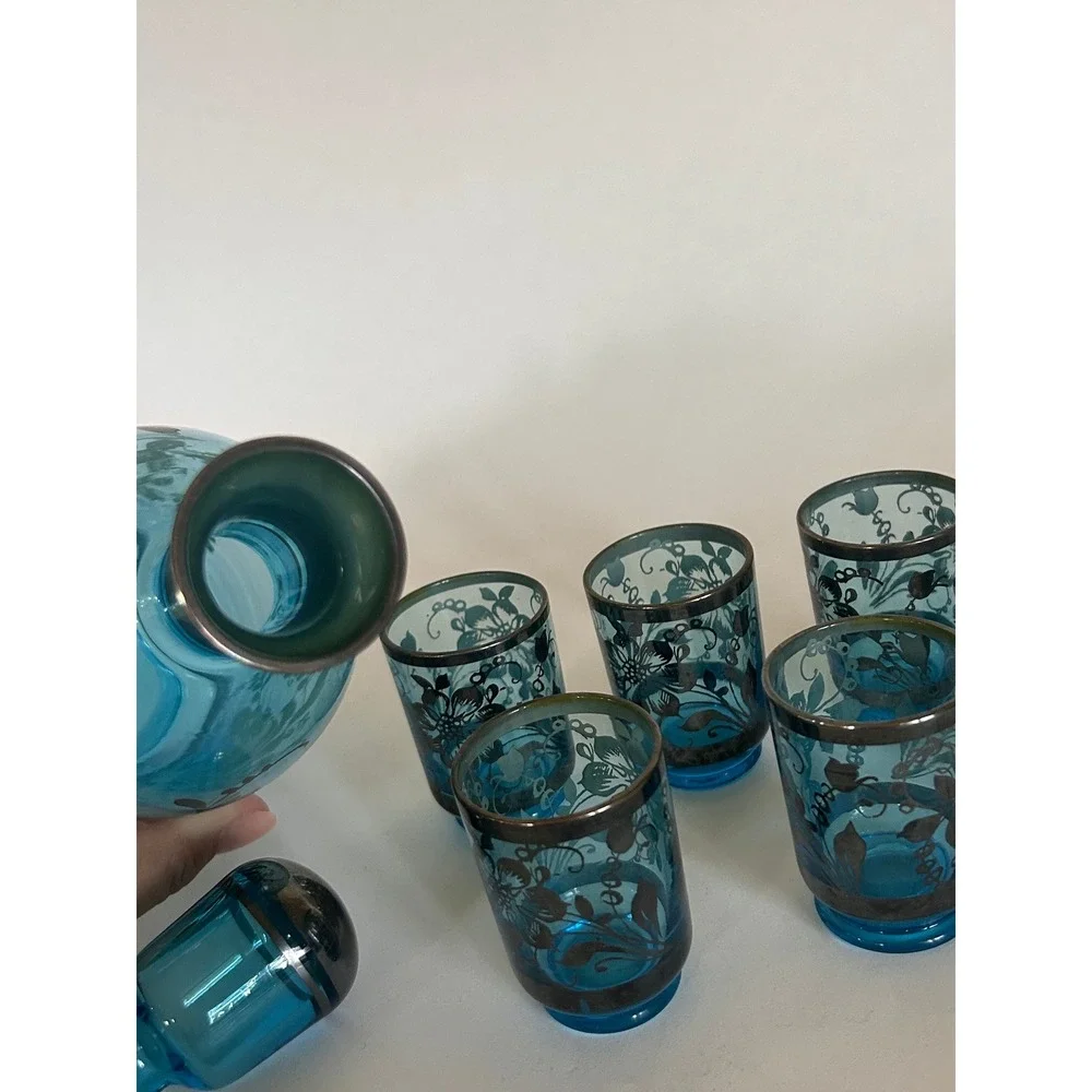 Vintage Murano Blue Art Glass Decanter 6 Shot Glasses Set Floral MCM‎